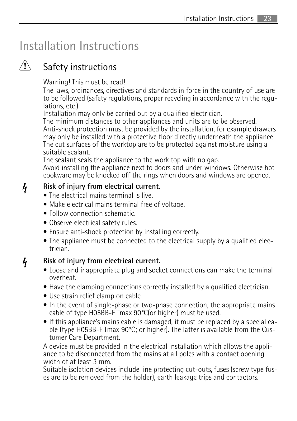 Installation instructions 1, Safety instructions | Electrolux 76331 KF-N User Manual | Page 23 / 32