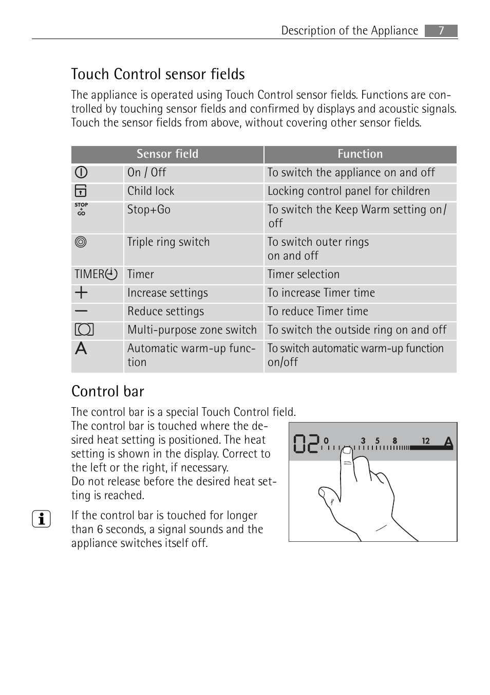 Touch control sensor fields, Control bar | Electrolux 76331 KF-N User Manual | Page 7 / 32