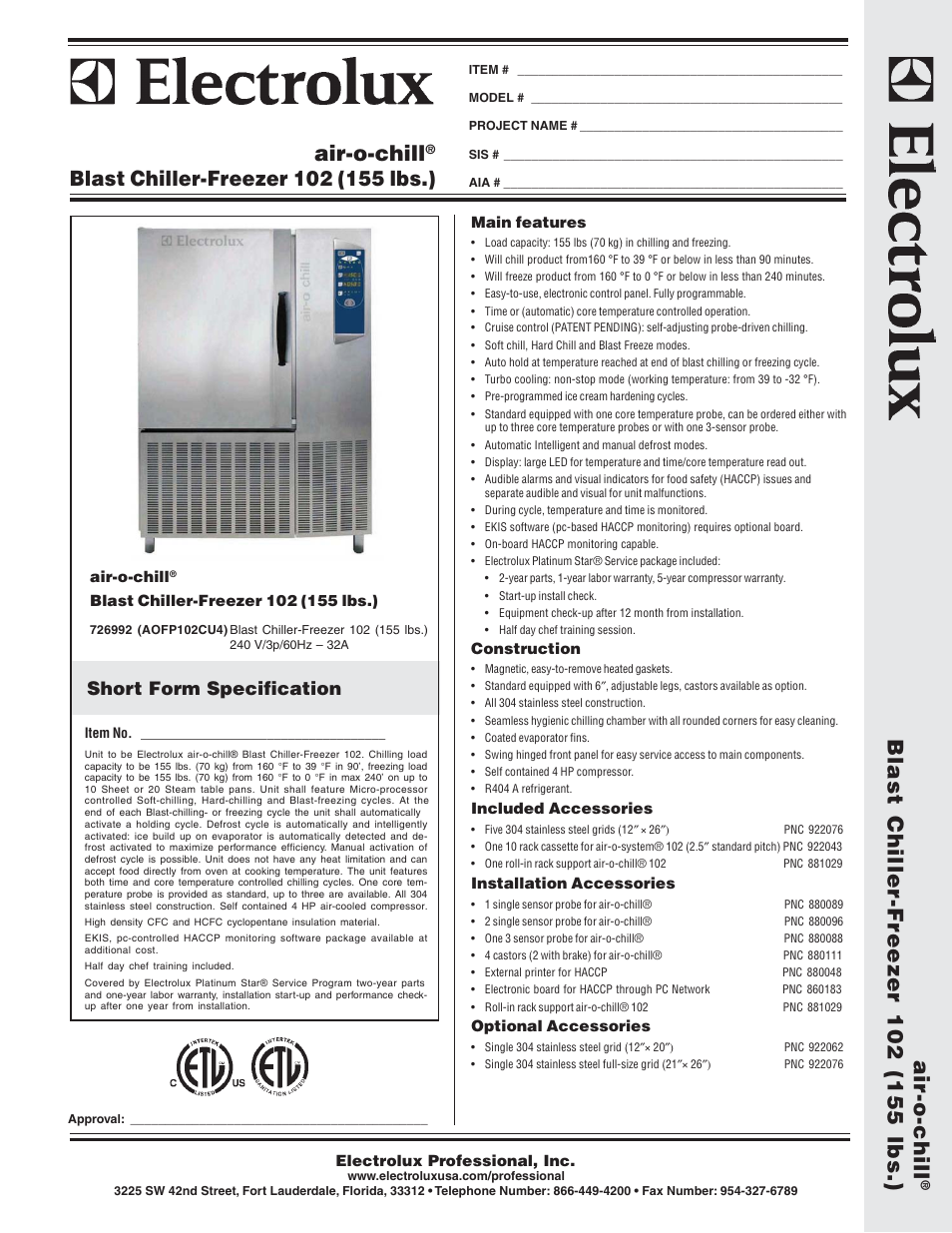 Electrolux Air-O-Chill AOFP102CU4 User Manual | 2 pages