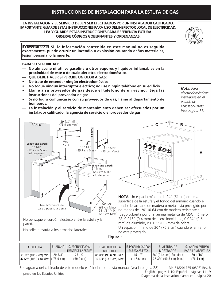 Instrucciones de instalacion para la estufa de gas | Electrolux 318201775 User Manual | Page 11 / 20