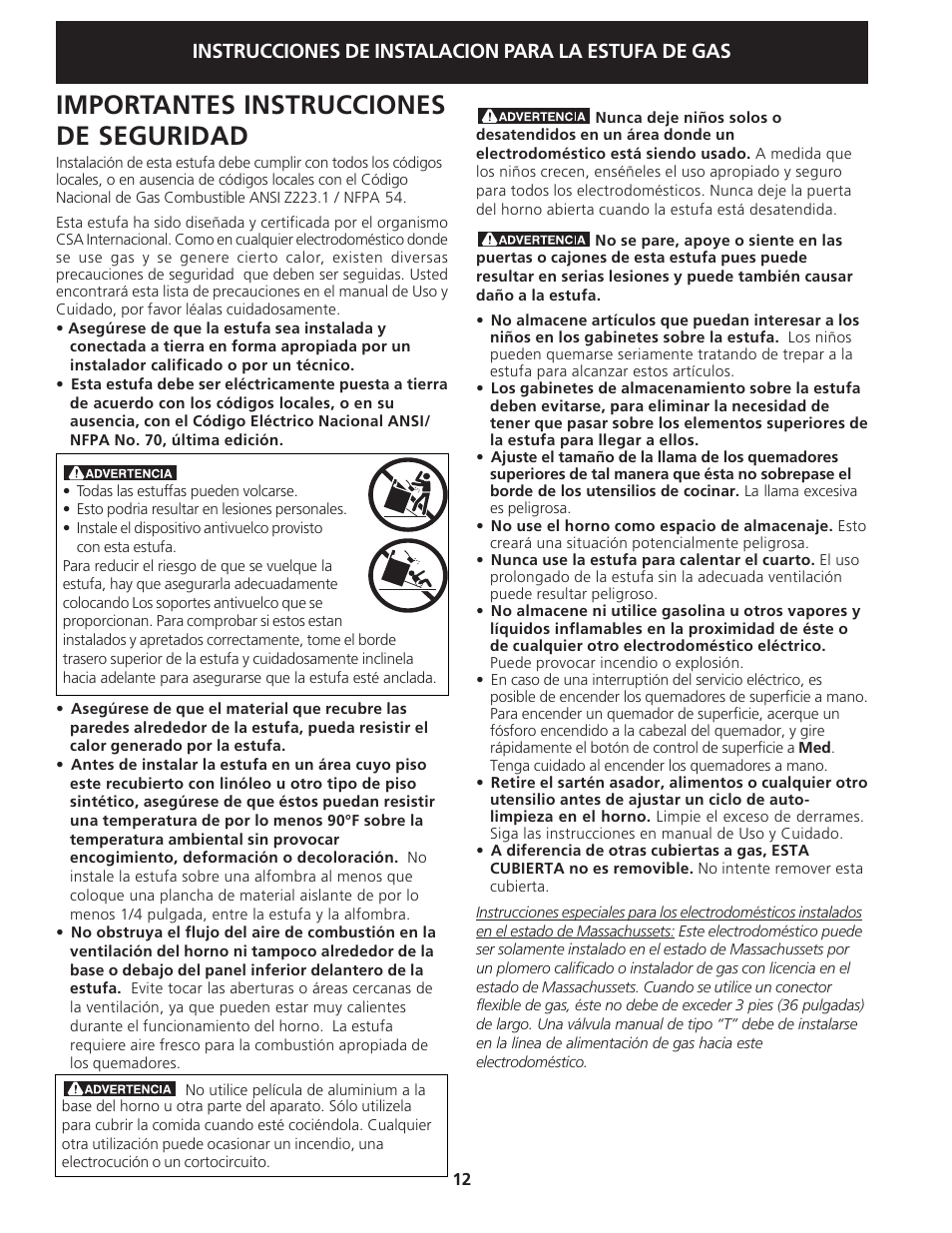 Importantes instrucciones de seguridad, Instrucciones de instalacion para la estufa de gas | Electrolux 318201775 User Manual | Page 12 / 20