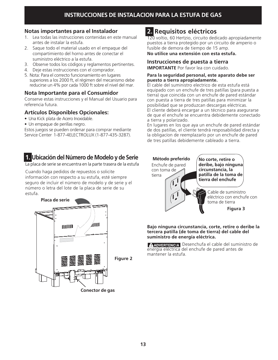 Ubicación del número de modelo y de serie, Requisitos eléctricos, Instrucciones de instalacion para la estufa de gas | Electrolux 318201775 User Manual | Page 13 / 20