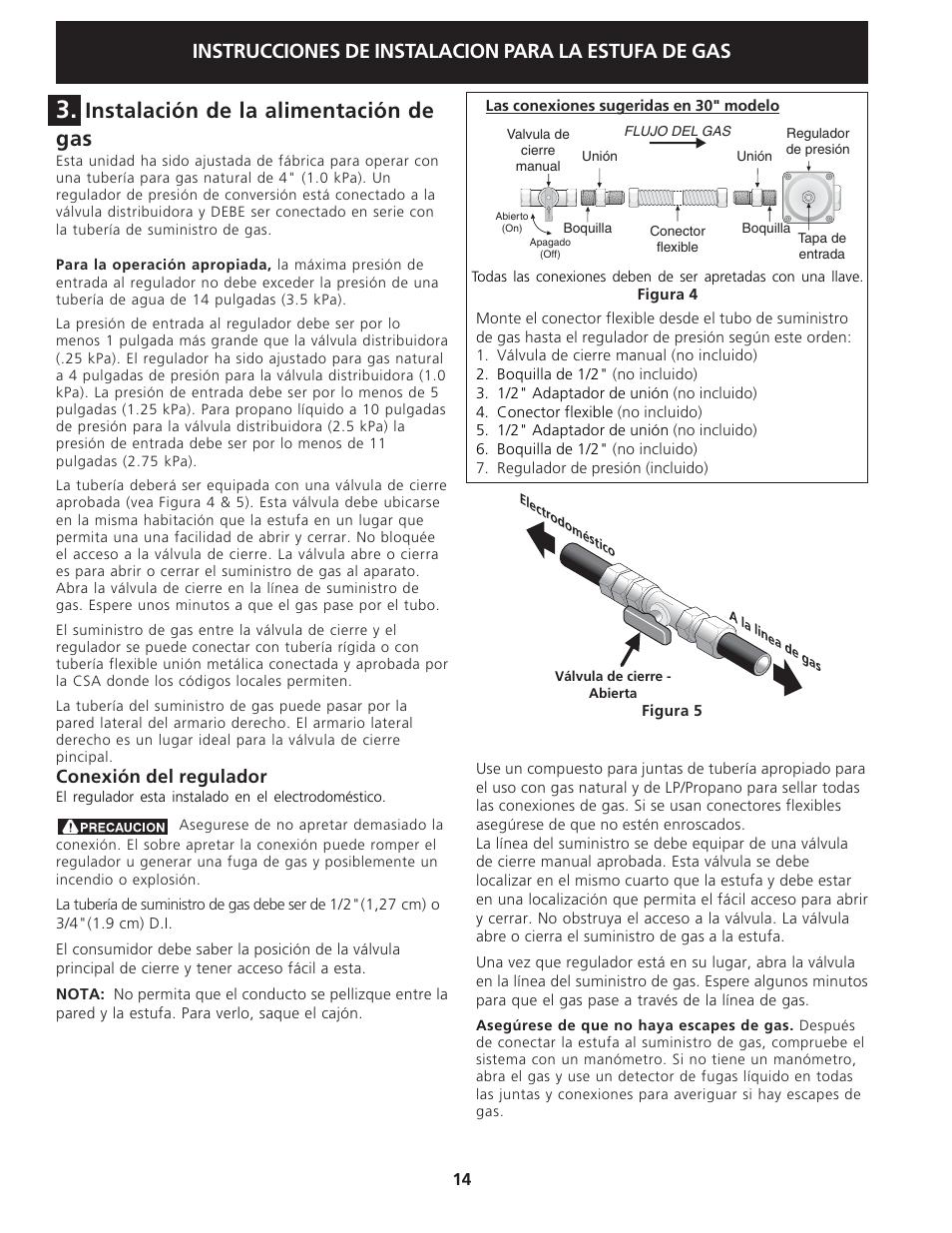 Instalación de la alimentación de gas, Instrucciones de instalacion para la estufa de gas, Conexión del regulador | Electrolux 318201775 User Manual | Page 14 / 20