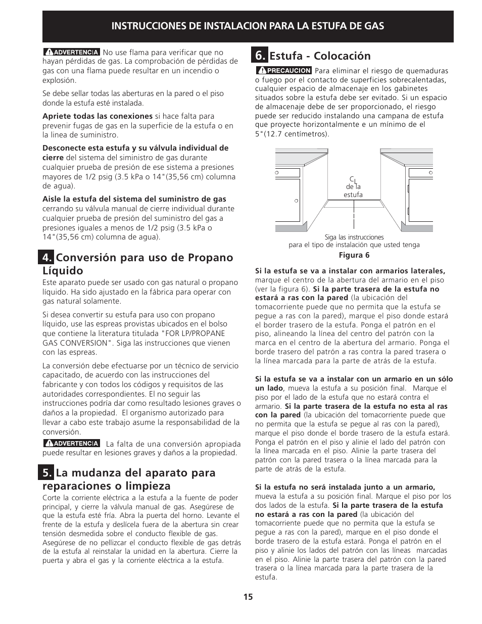 Conversión para uso de propano líquido, Estufa - colocación, Instrucciones de instalacion para la estufa de gas | Electrolux 318201775 User Manual | Page 15 / 20