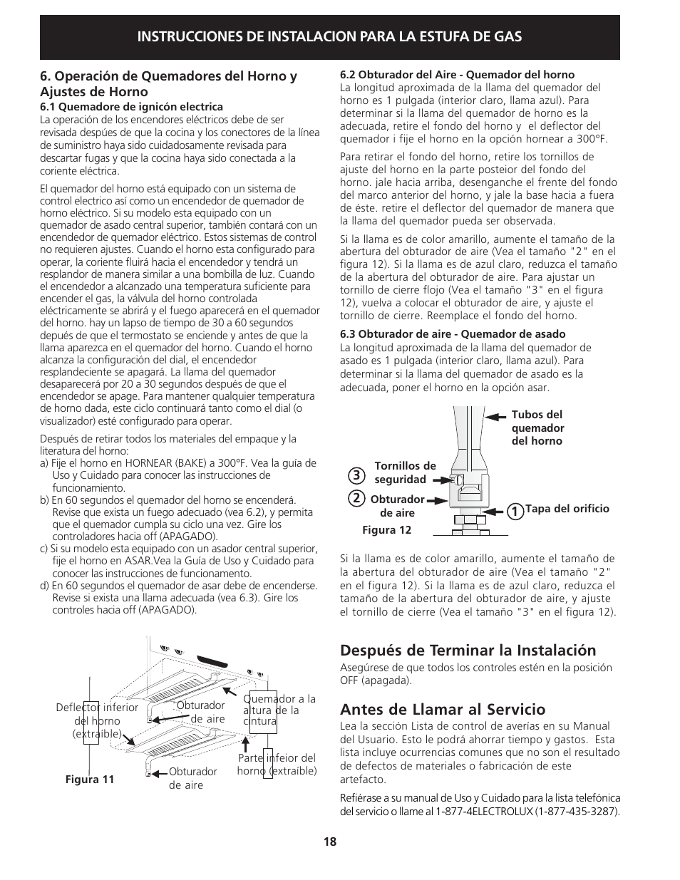 Después de terminar la instalación, Antes de llamar al servicio, Instrucciones de instalacion para la estufa de gas | Electrolux 318201775 User Manual | Page 18 / 20