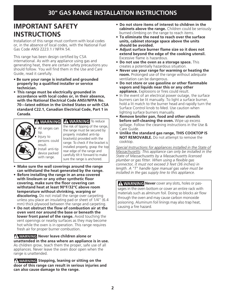 Important safety instructions, 30" gas range installation instructions | Electrolux 318201775 User Manual | Page 2 / 20