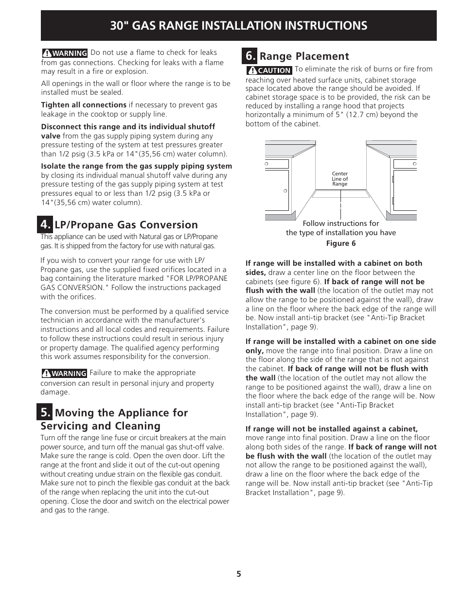 30" gas range installation instructions, Lp/propane gas conversion, Moving the appliance for servicing and cleaning | Range placement | Electrolux 318201775 User Manual | Page 5 / 20