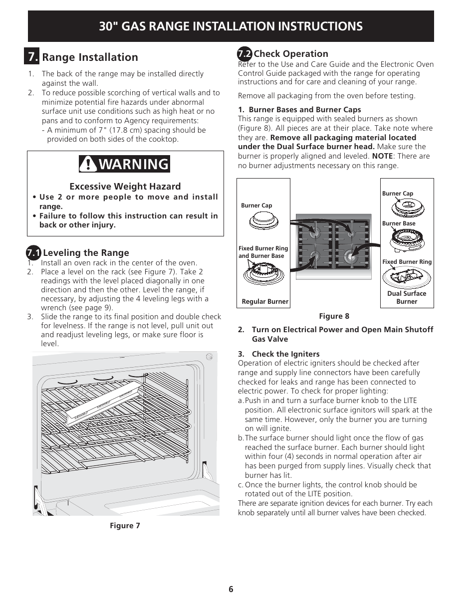 30" gas range installation instructions, Range installation | Electrolux 318201775 User Manual | Page 6 / 20