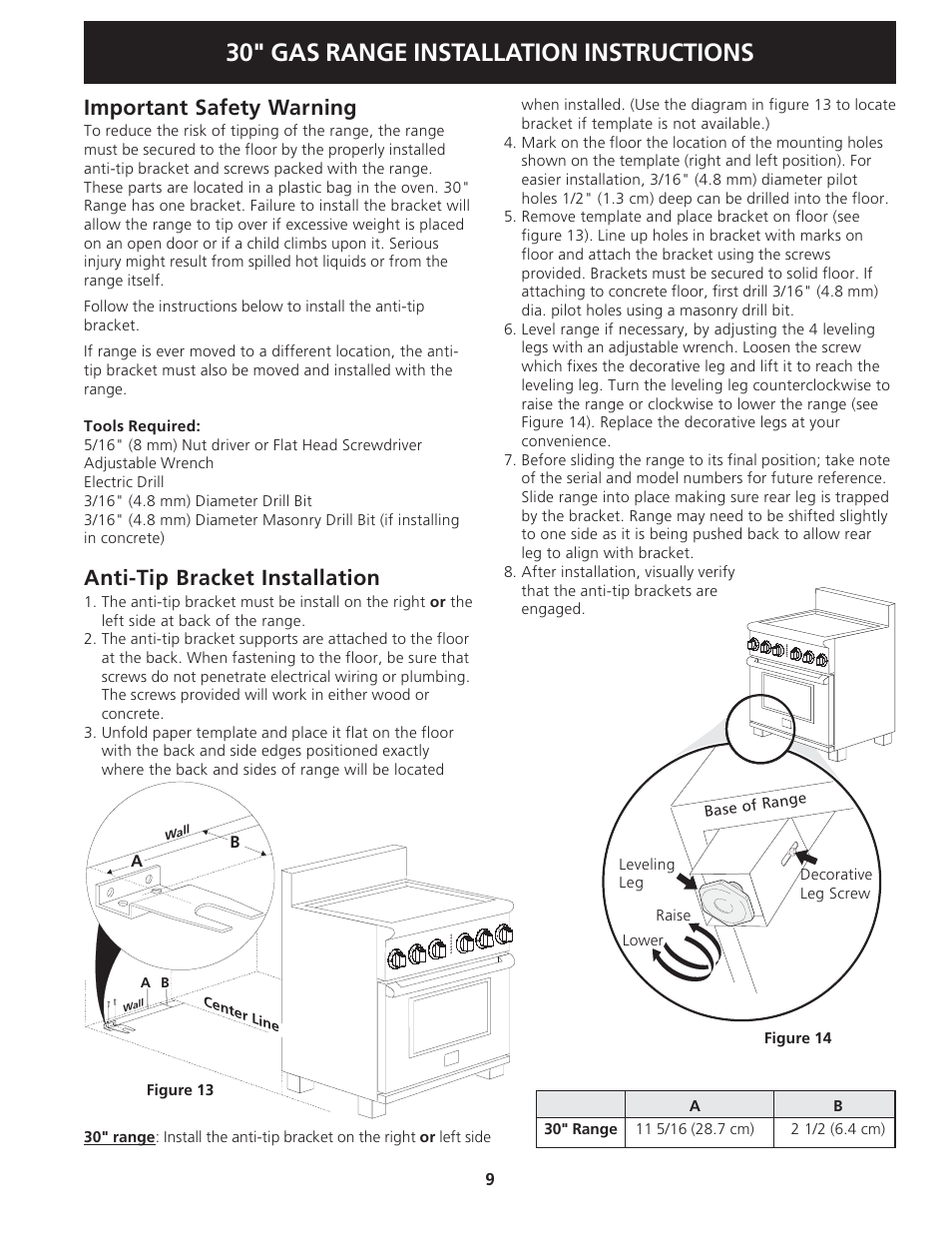 30" gas range installation instructions, Important safety warning, Anti-tip bracket installation | Electrolux 318201775 User Manual | Page 9 / 20