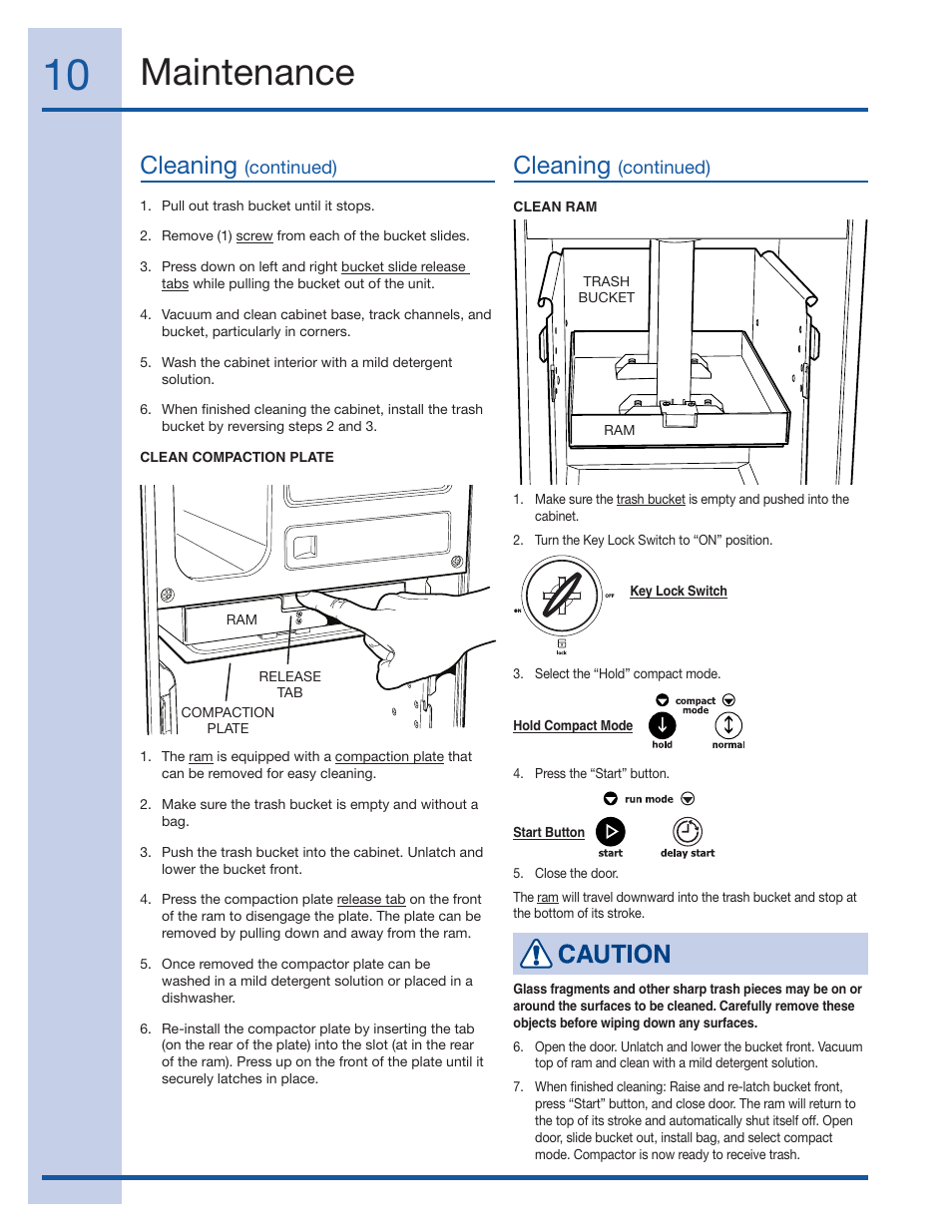 Maintenance, Cleaning | Electrolux Trash Compactor 99526808A User Manual | Page 10 / 12