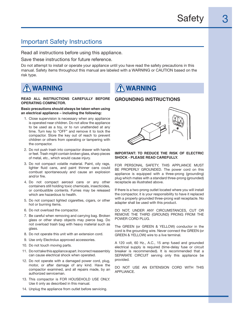 Safety, Important safety instructions | Electrolux Trash Compactor 99526808A User Manual | Page 3 / 12