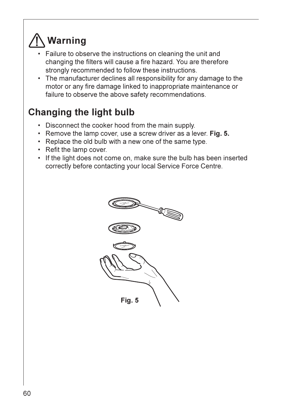 Warning, Changing the light bulb | Electrolux CHDD 8890 User Manual | Page 10 / 17