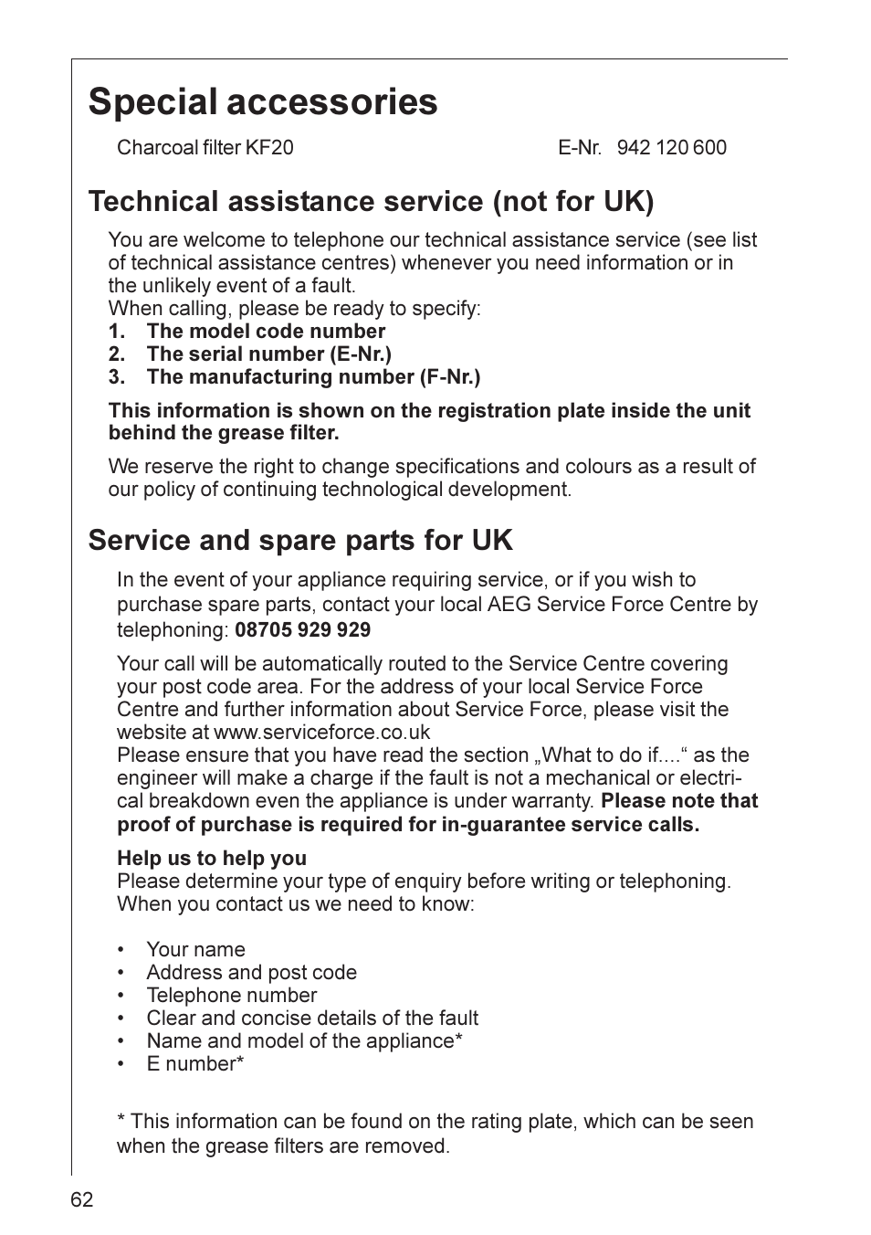 Special accessories, Technical assistance service (not for uk), Service and spare parts for uk | Electrolux CHDD 8890 User Manual | Page 12 / 17