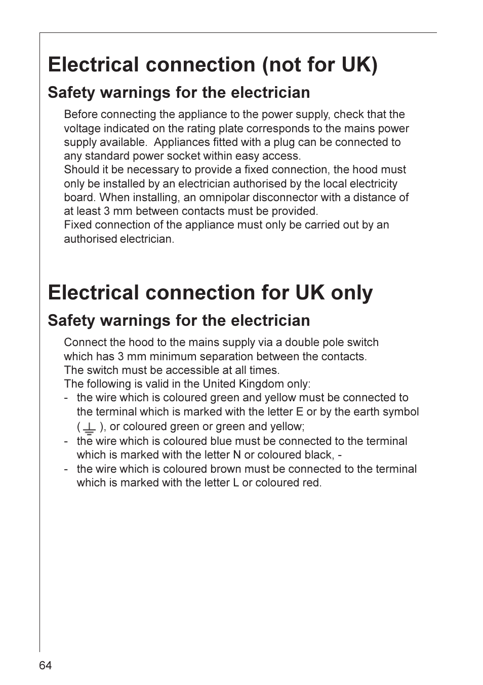 Electrical connection (not for uk), Electrical connection for uk only, Safety warnings for the electrician | Electrolux CHDD 8890 User Manual | Page 14 / 17