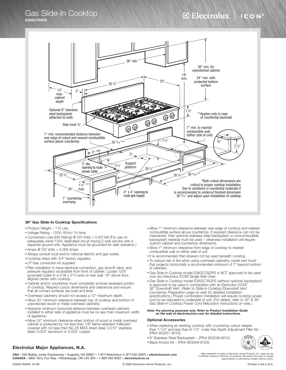 Gas slide-in cooktop, Electrolux major appliances, n.a | Electrolux E36EC75ESS User Manual | Page 2 / 4