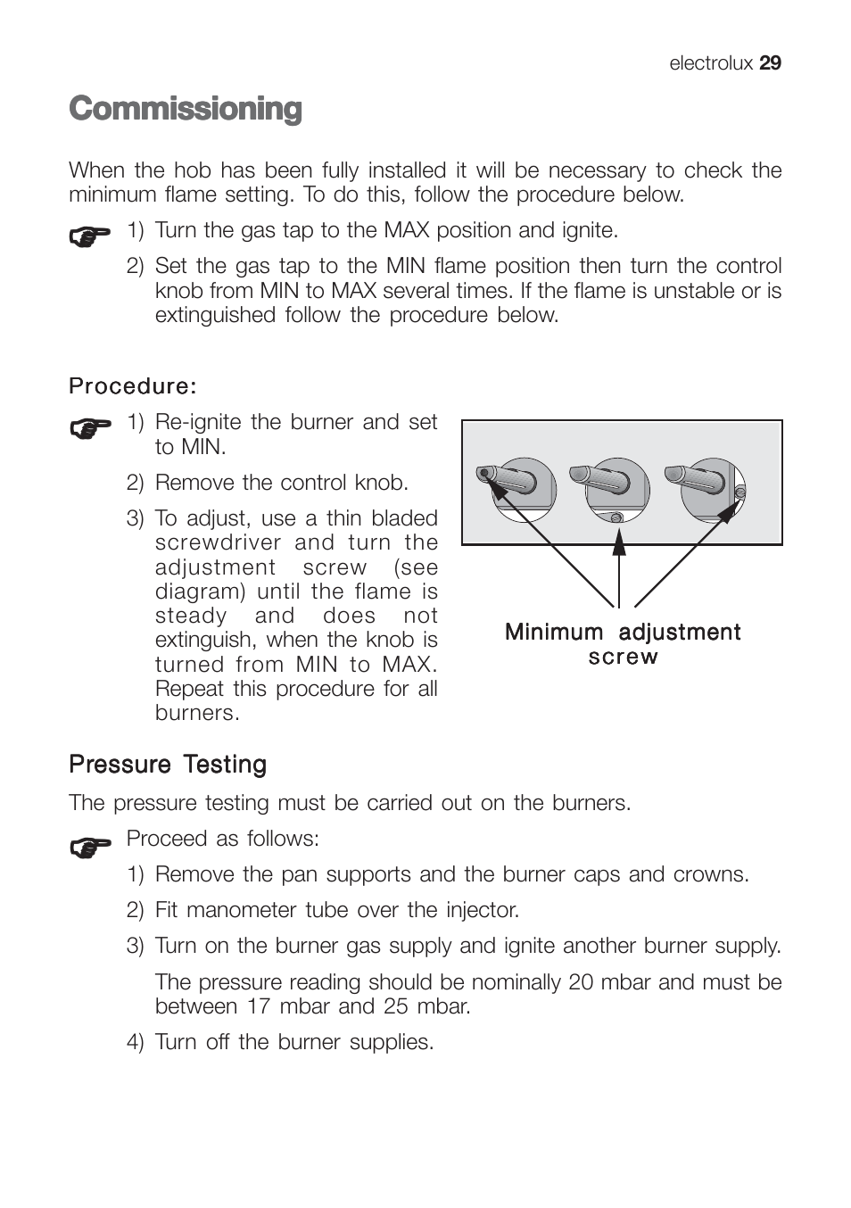 Commissioning | Electrolux EHG 6402 User Manual | Page 29 / 36