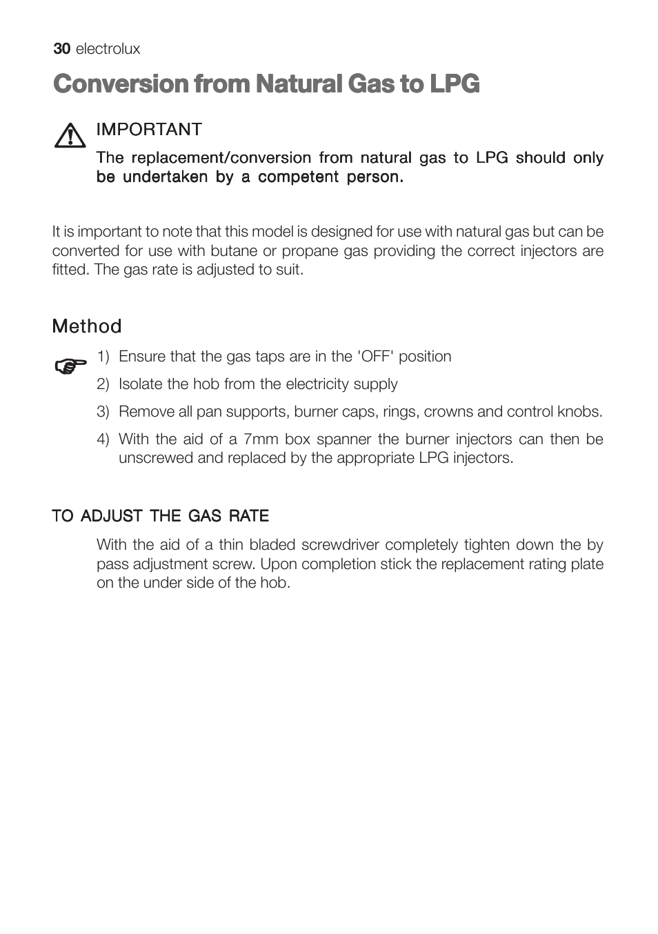 Conversion from natural gas to lpg | Electrolux EHG 6402 User Manual | Page 30 / 36