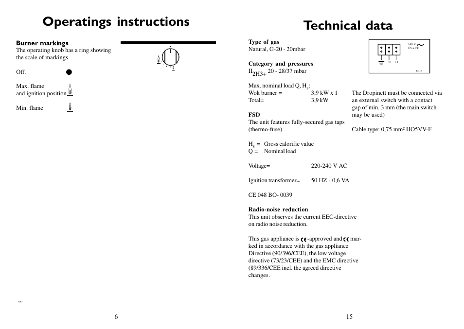 Operatings instructions, Technical data | Electrolux 3531 WK-M User Manual | Page 6 / 10