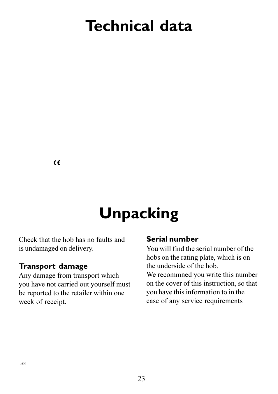 Unpacking, Technical data | Electrolux Ceramic glass hob User Manual | Page 23 / 32