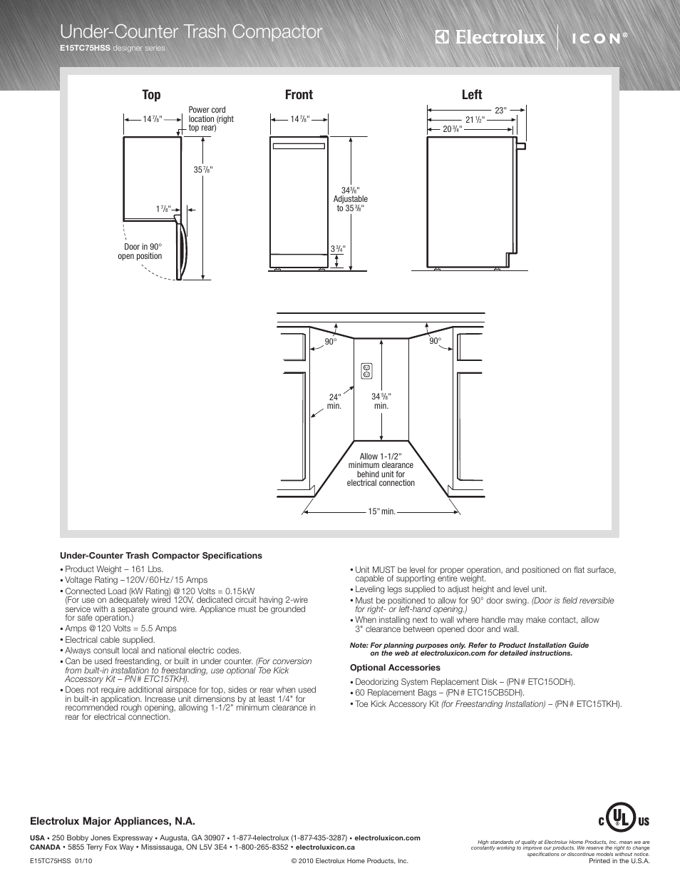 Under-counter trash compactor, Front, Left | Electrolux major appliances, n.a | Electrolux ICON E15TC75HSS User Manual | Page 2 / 2
