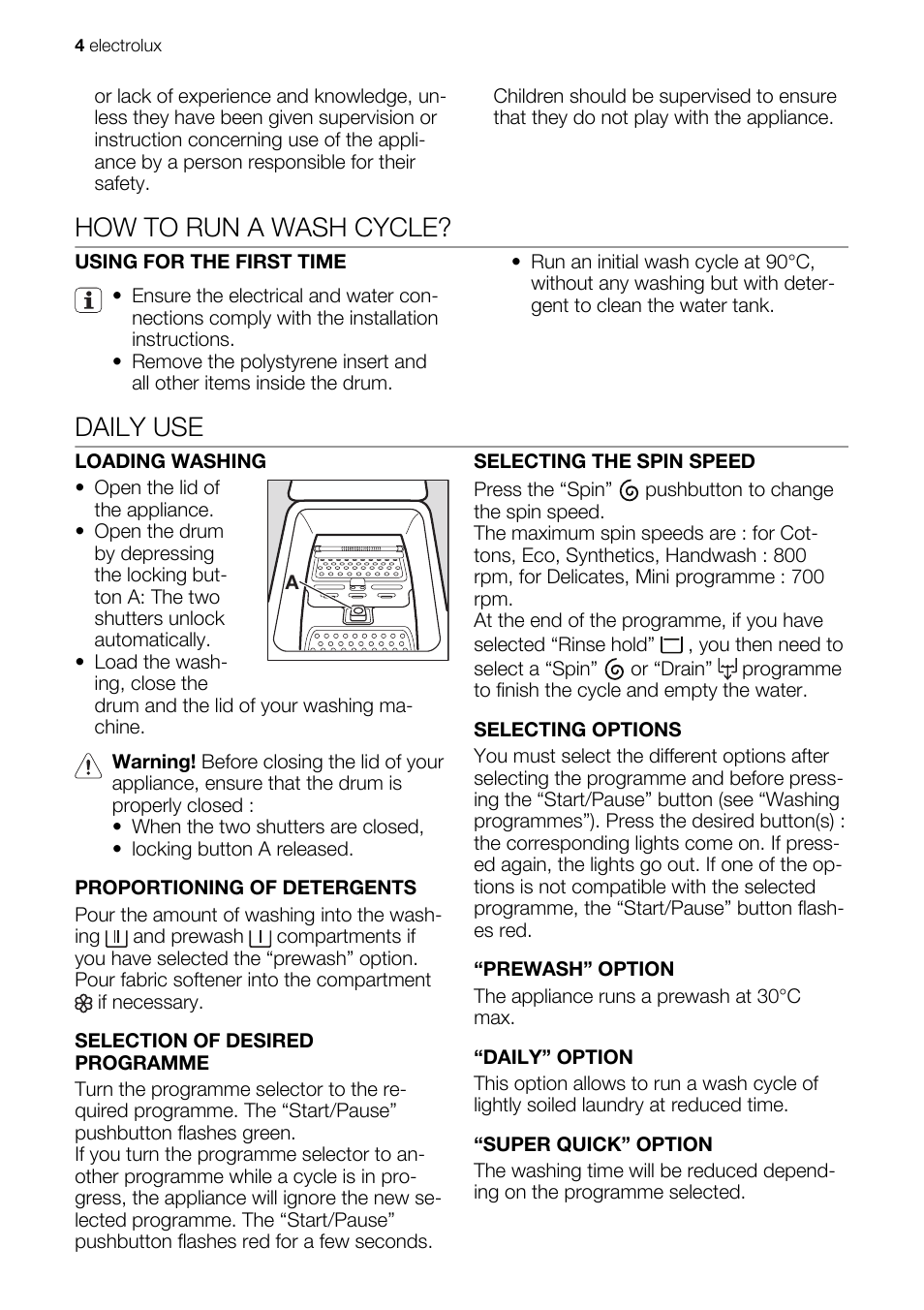 How to run a wash cycle, Daily use | Electrolux EWB 85100 W User Manual | Page 4 / 12