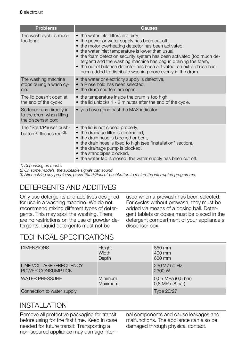 Detergents and additives, Technical specifications, Installation | Electrolux EWB 85100 W User Manual | Page 8 / 12