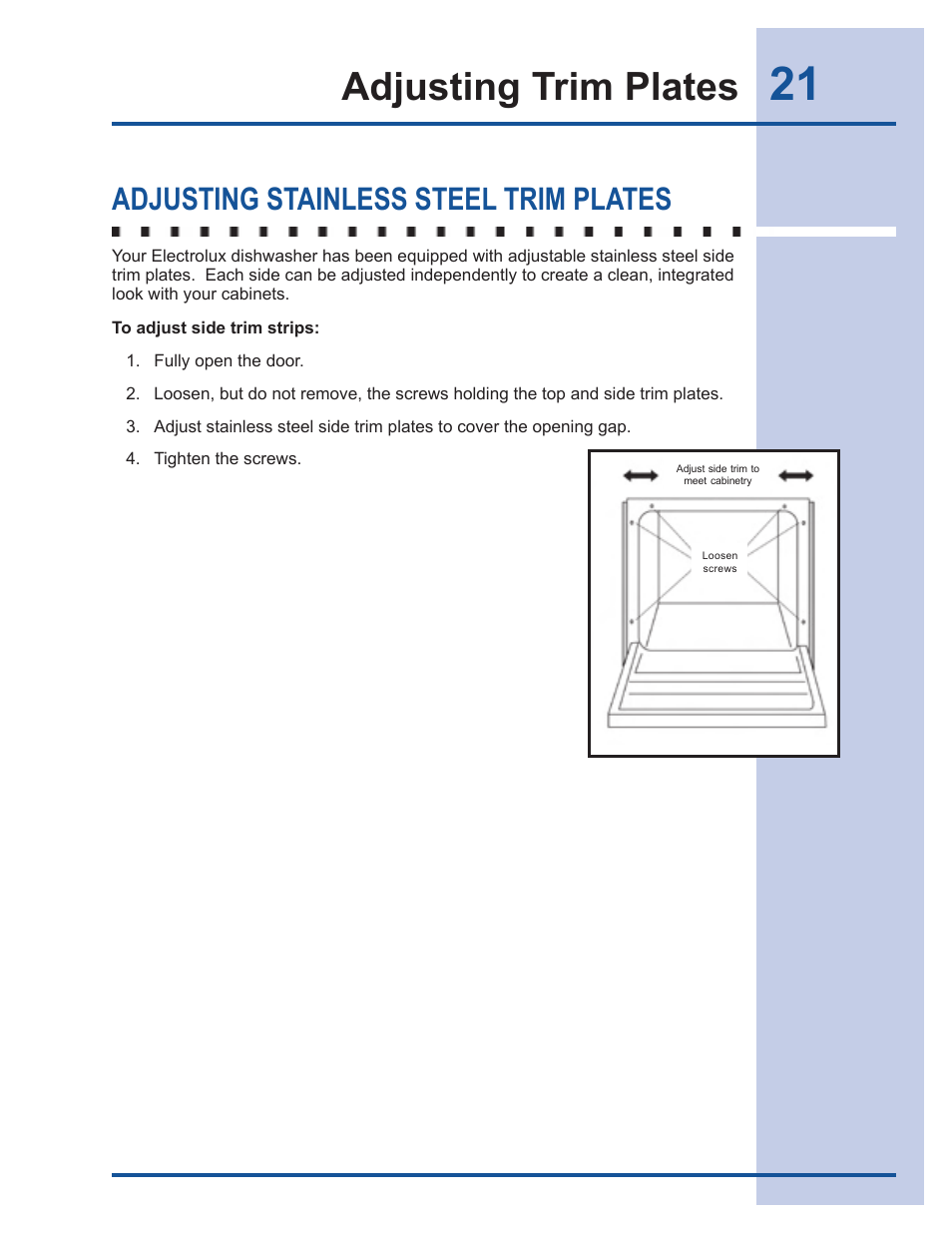 Adjusting trim plates, Adjusting stainless steel trim plates | Electrolux 6919941 User Manual | Page 21 / 29