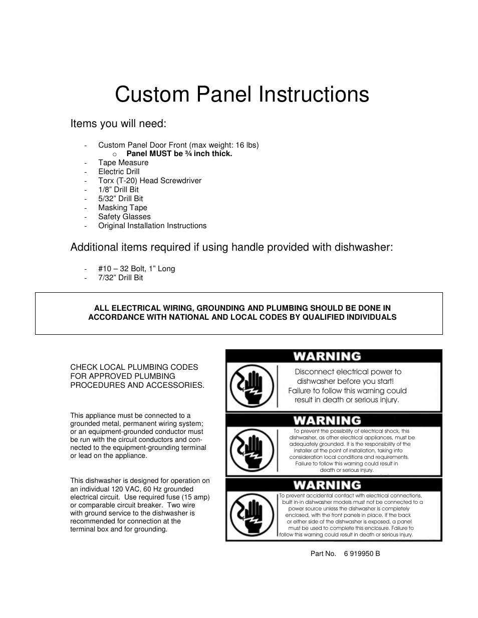 Custom panel instructions, Items you will need | Electrolux 6919941 User Manual | Page 22 / 29