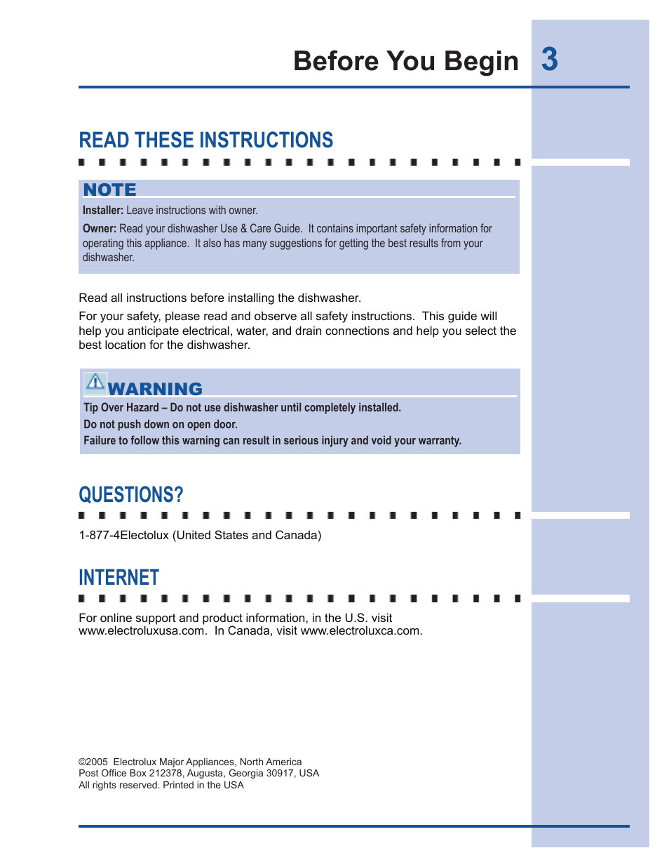 Before you begin, Read these instructions, Questions | Internet | Electrolux 6919941 User Manual | Page 3 / 29