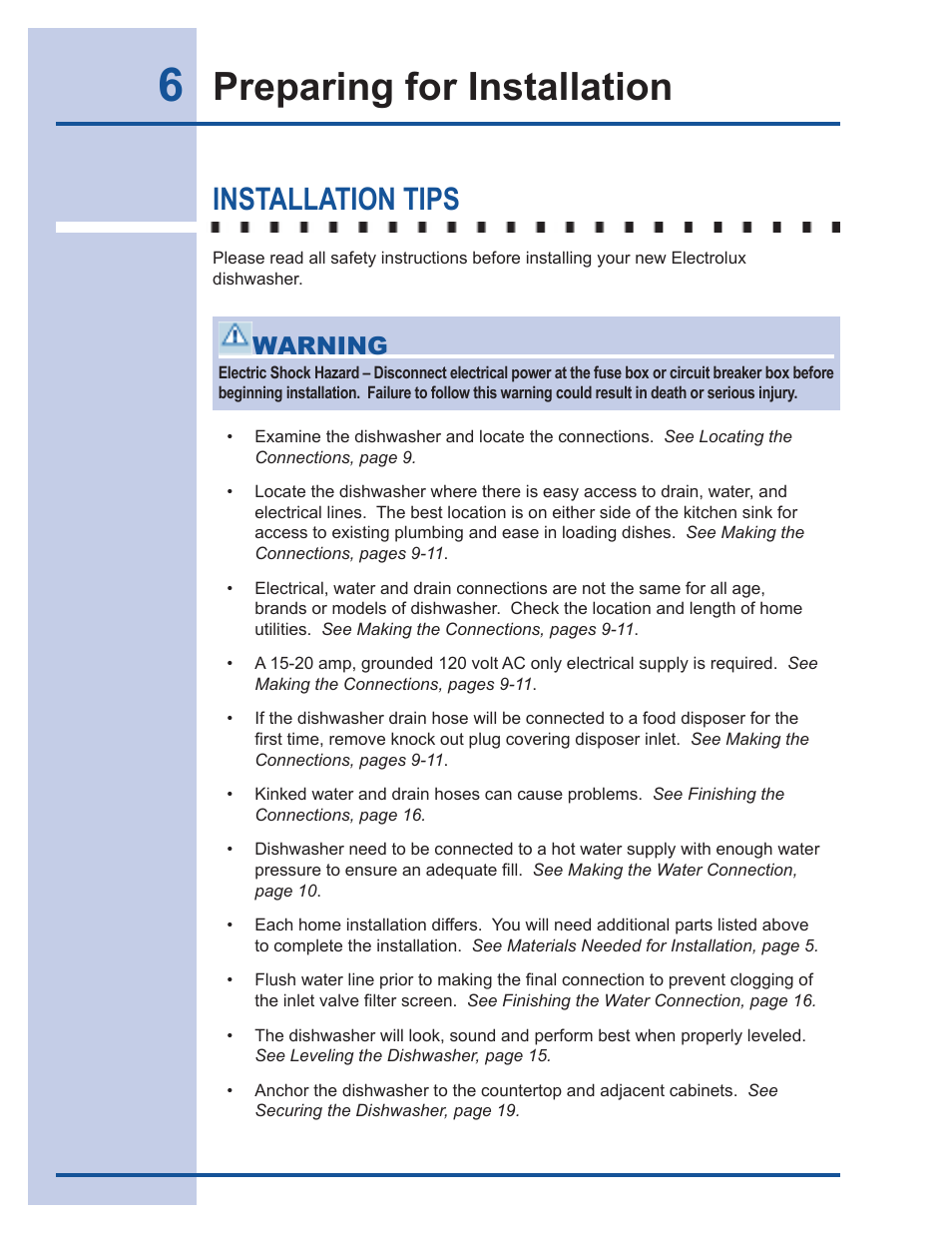 Preparing for installation, Installation tips, Warning | Electrolux 6919941 User Manual | Page 6 / 29