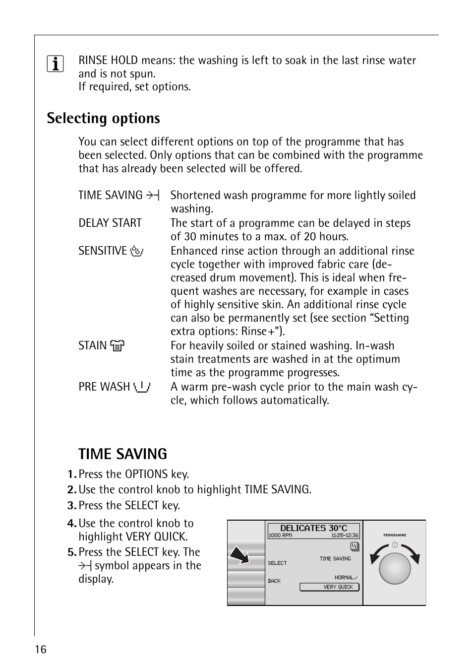 Selecting options, Time saving | Electrolux 1610 User Manual | Page 16 / 44