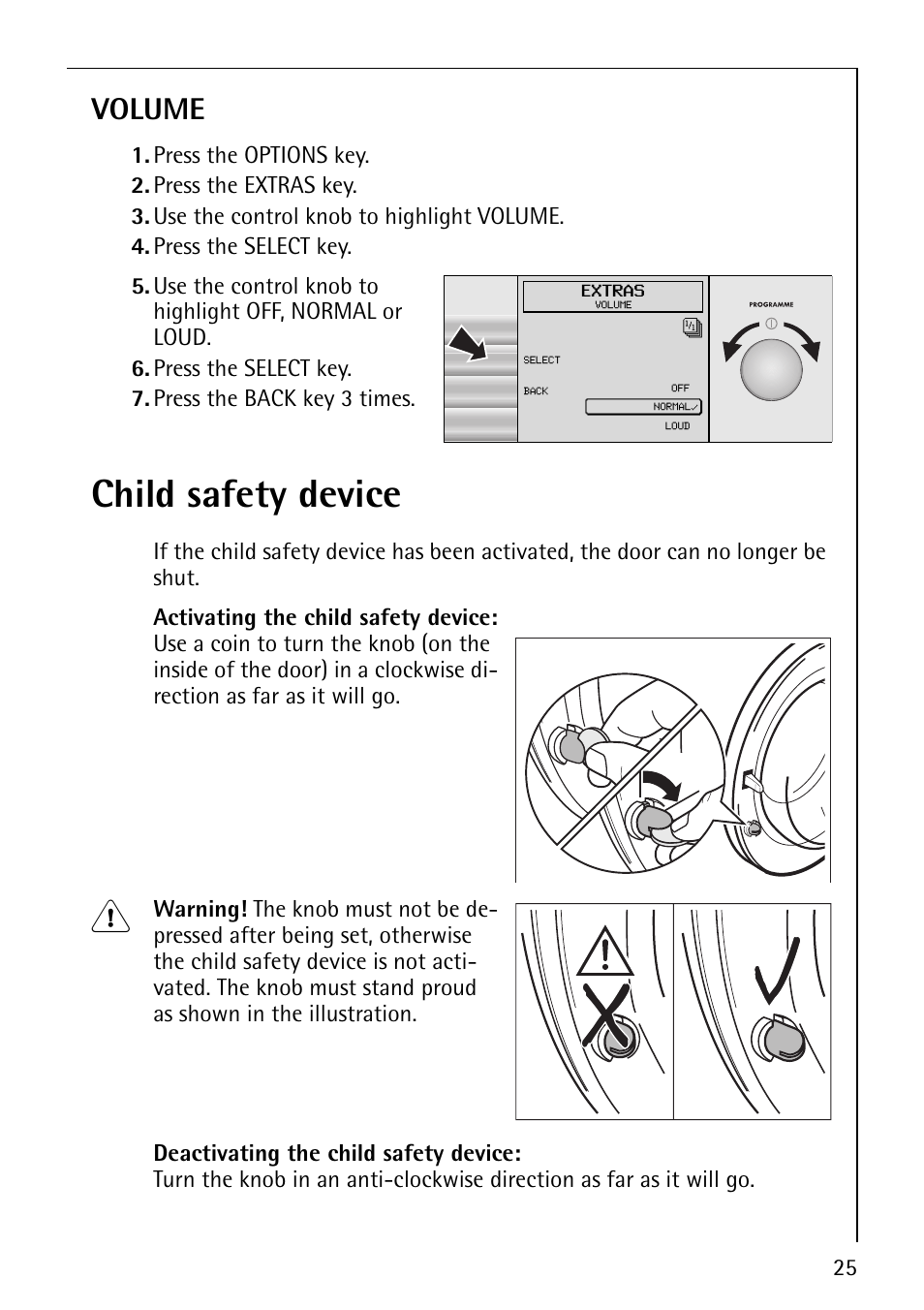 Child safety device, Volume | Electrolux 1610 User Manual | Page 25 / 44