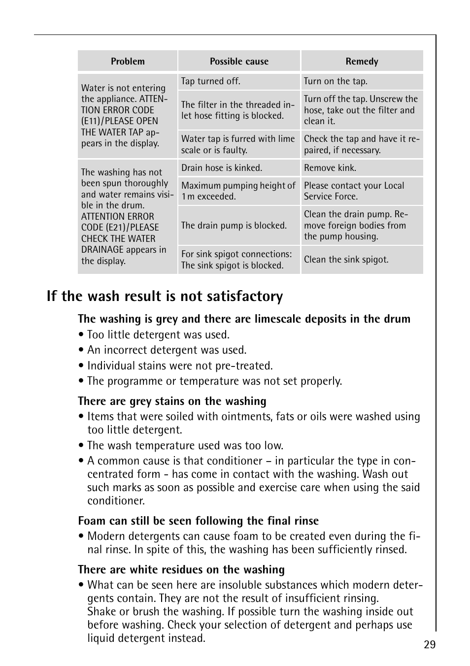 If the wash result is not satisfactory | Electrolux 1610 User Manual | Page 29 / 44