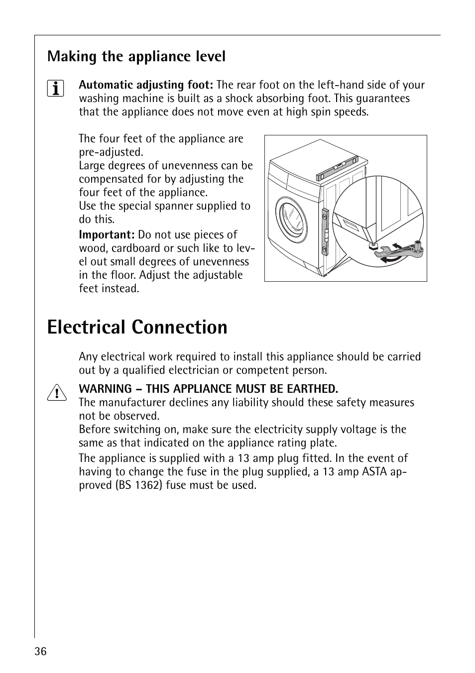 Electrical connection | Electrolux 1610 User Manual | Page 36 / 44