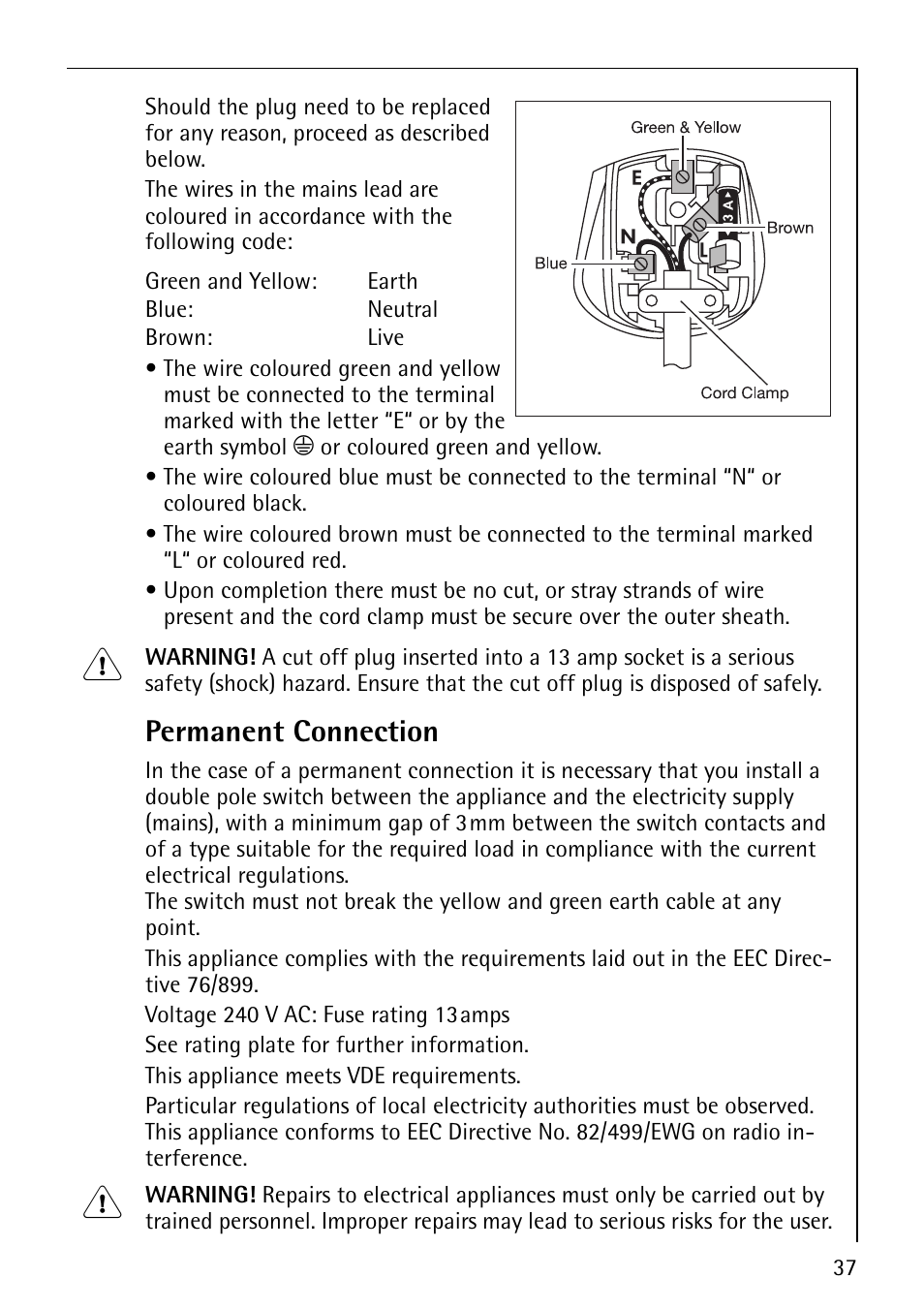 Permanent connection | Electrolux 1610 User Manual | Page 37 / 44