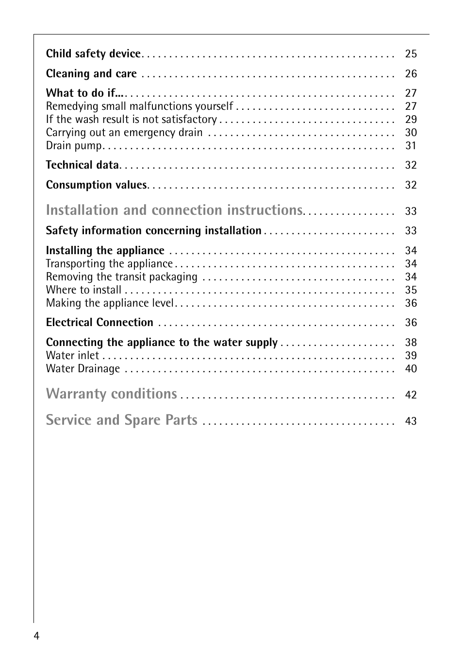 Installation and connection instructions, Warranty conditions, Service and spare parts | Electrolux 1610 User Manual | Page 4 / 44