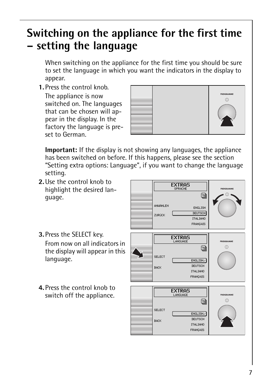 Press the control knob to switch off the appliance | Electrolux 1610 User Manual | Page 7 / 44