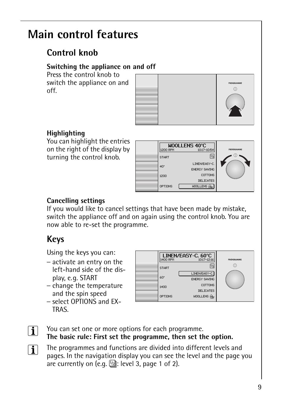 Main control features, Control knob, Keys | Switching the appliance on and off | Electrolux 1610 User Manual | Page 9 / 44