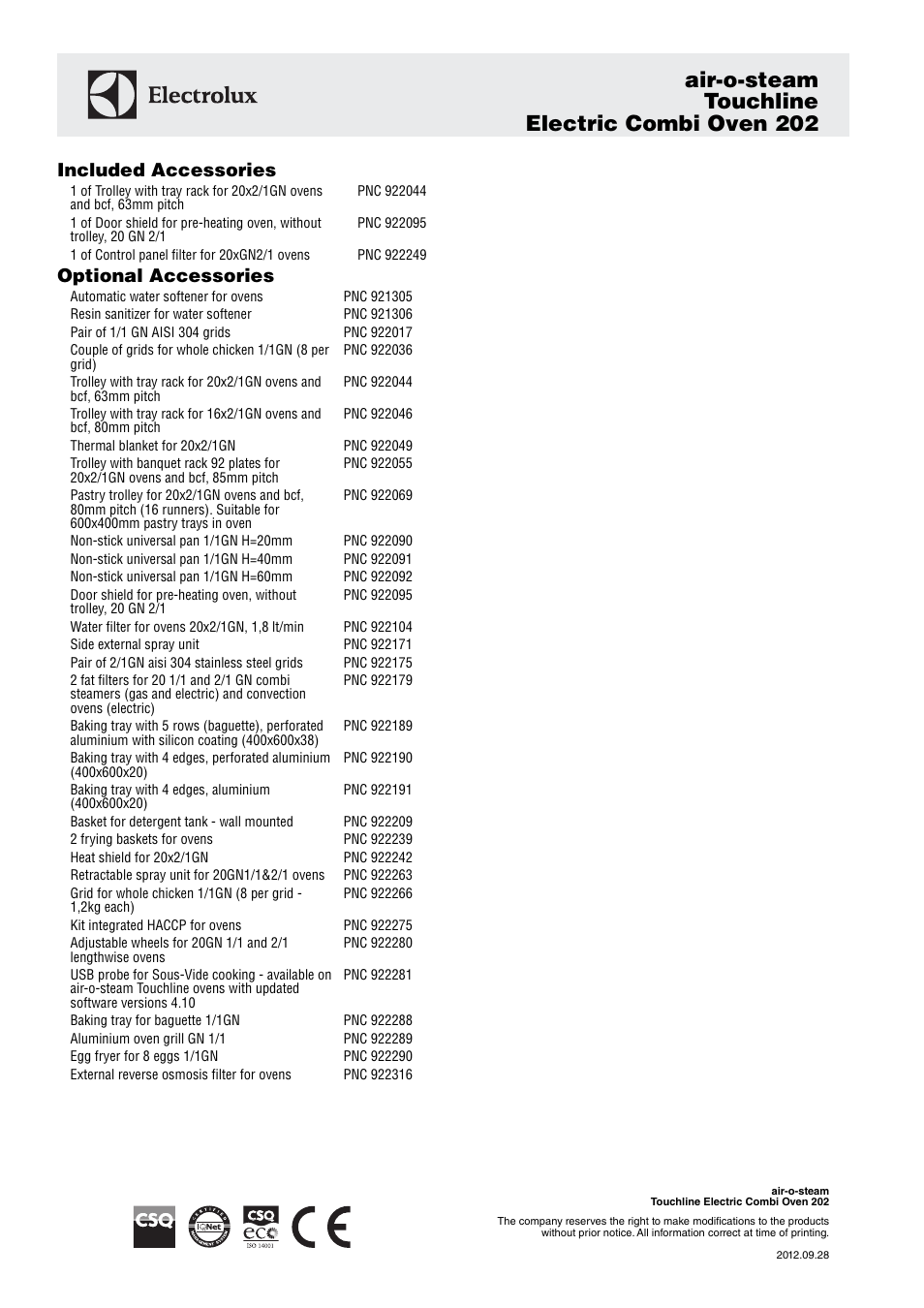 Air-o-steam touchline electric combi oven 202, Included accessories, Optional accessories | Electrolux Air-O-Steam 202 User Manual | Page 4 / 4