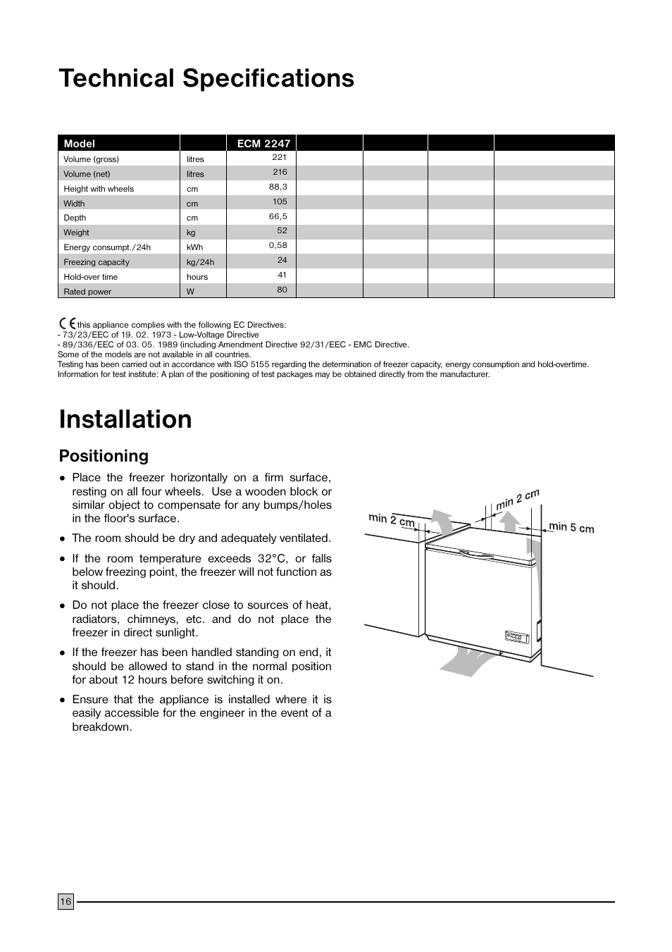 Technical specifications installation, Positioning | Electrolux ECM 2247 User Manual | Page 16 / 20