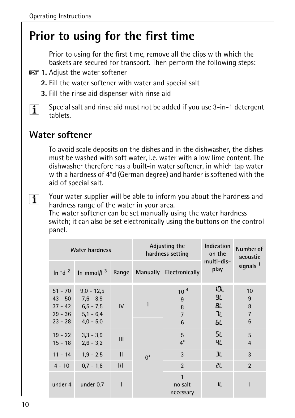 Prior to using for the first time, Water softener | Electrolux 85050 VI User Manual | Page 10 / 48