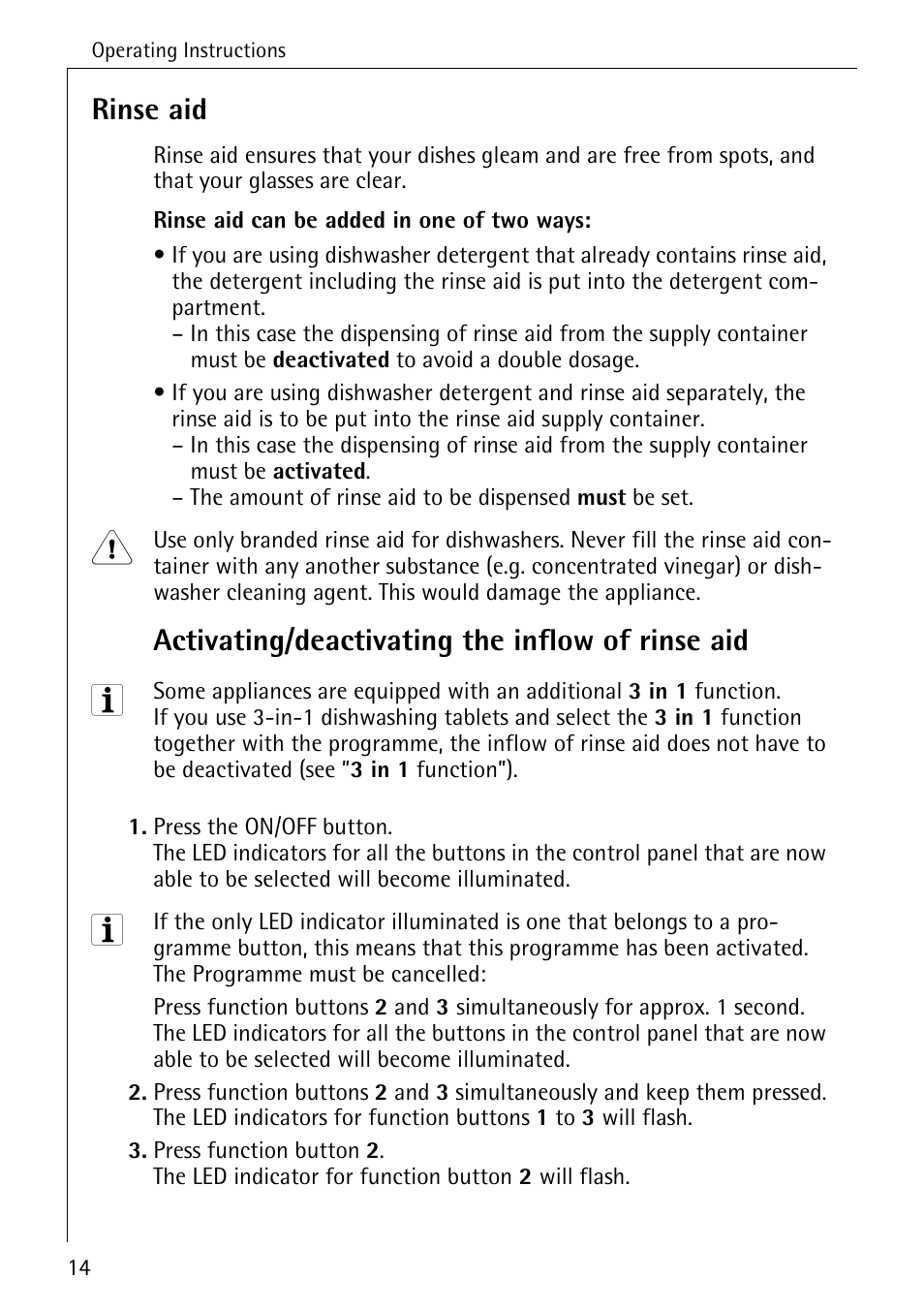 Rinse aid, Activating/deactivating the inflow of rinse aid | Electrolux 85050 VI User Manual | Page 14 / 48