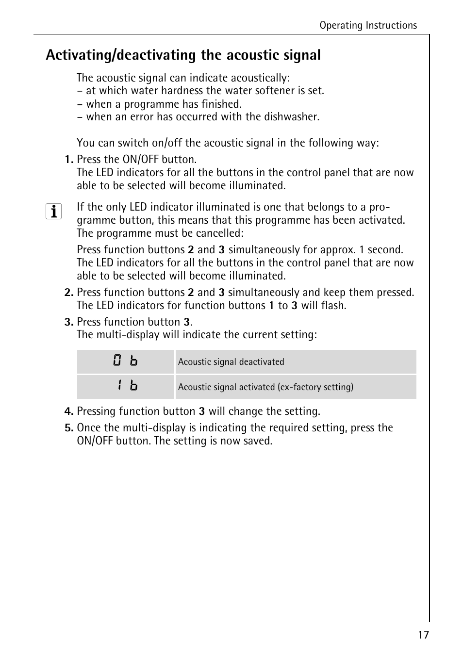 Activating/deactivating the acoustic signal | Electrolux 85050 VI User Manual | Page 17 / 48