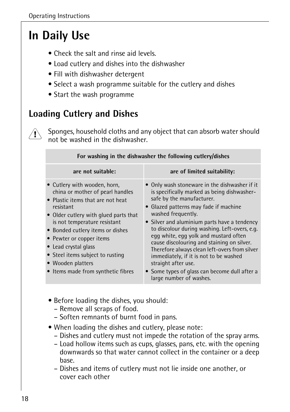 Loading cutlery and dishes | Electrolux 85050 VI User Manual | Page 18 / 48