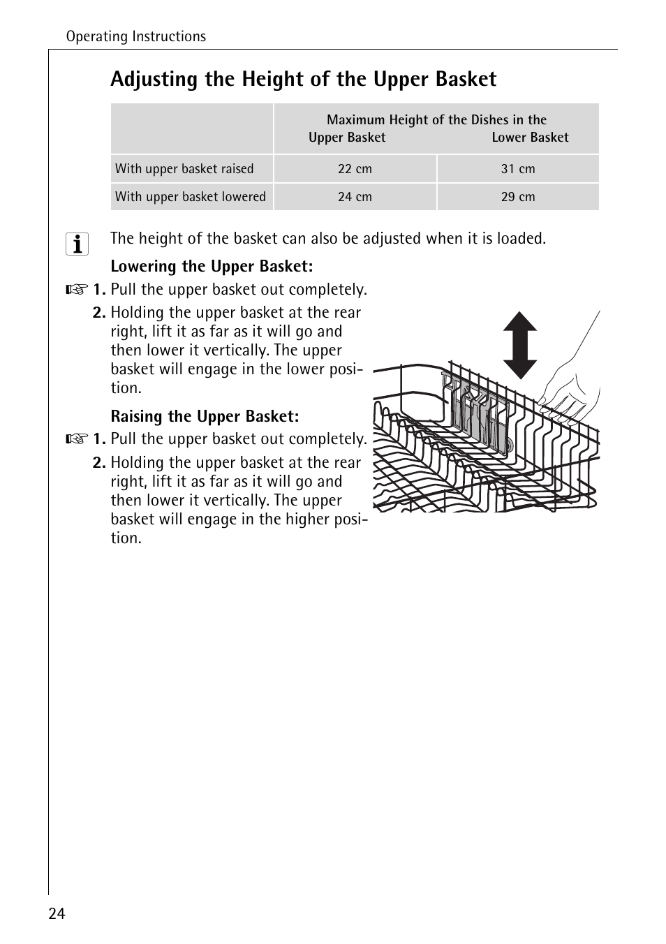 Adjusting the height of the upper basket | Electrolux 85050 VI User Manual | Page 24 / 48