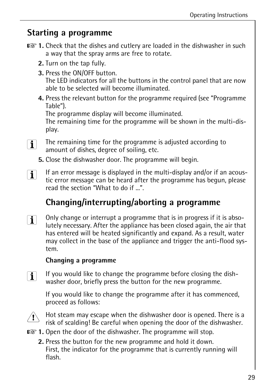 Starting a programme, Changing/interrupting/aborting a programme | Electrolux 85050 VI User Manual | Page 29 / 48