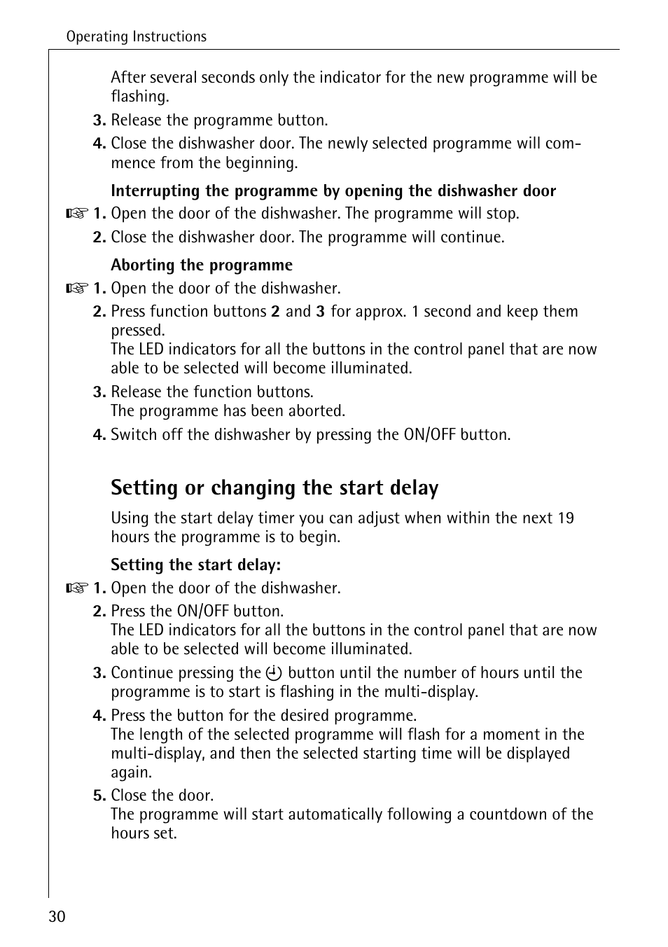 Setting or changing the start delay | Electrolux 85050 VI User Manual | Page 30 / 48