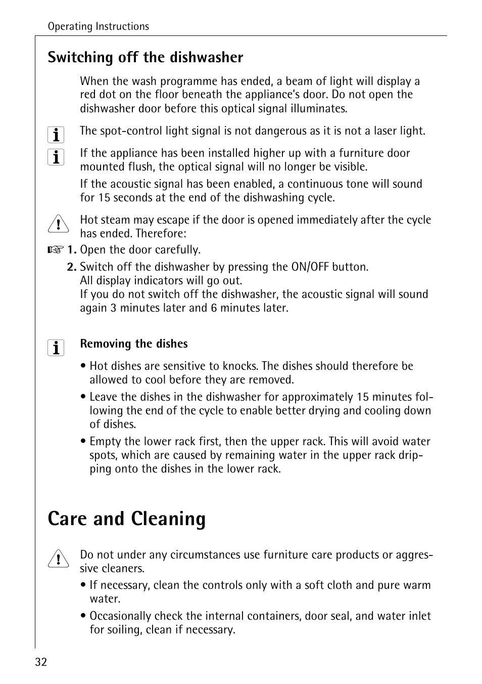 Care and cleaning, Switching off the dishwasher | Electrolux 85050 VI User Manual | Page 32 / 48