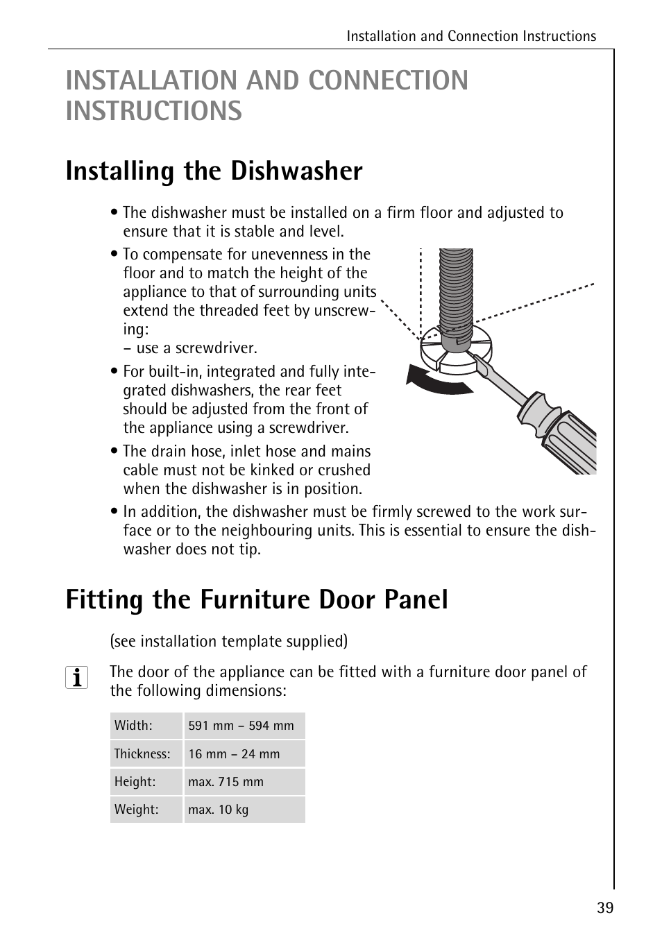 Fitting the furniture door panel | Electrolux 85050 VI User Manual | Page 39 / 48