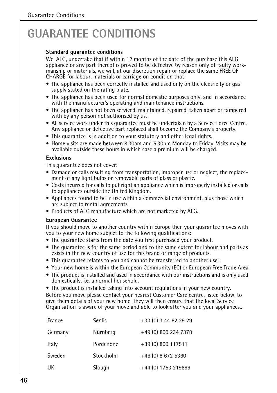 Guarantee conditions | Electrolux 85050 VI User Manual | Page 46 / 48